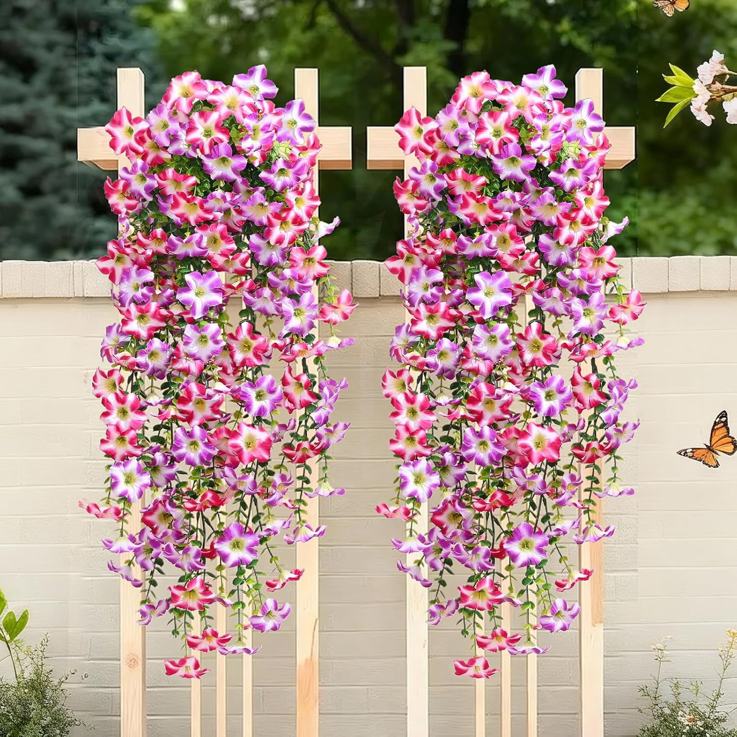 Lyacmy 4 Pcs Artificial Hanging Flowers for Outdoor Spring Decor, Rose Red Purple UV Resistant Fake Flower Petunias for Outdoor Garden Porch Patio Wedding Decor