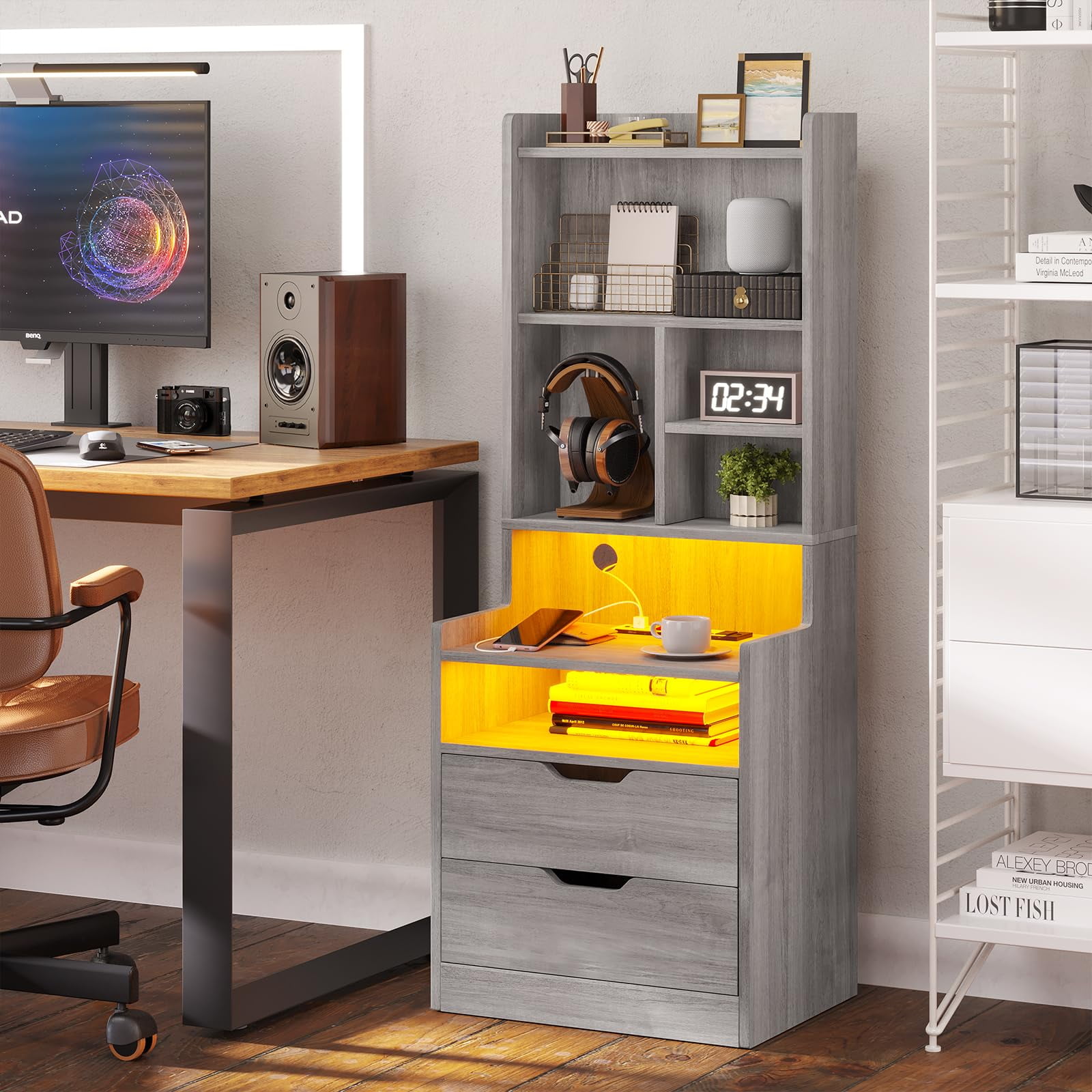 Afuhokles Tall Nightstand Set of 2 with Charging Station and LED Lights, Night Stand with Bookshelf,Bedside Table with Drawers, Gray