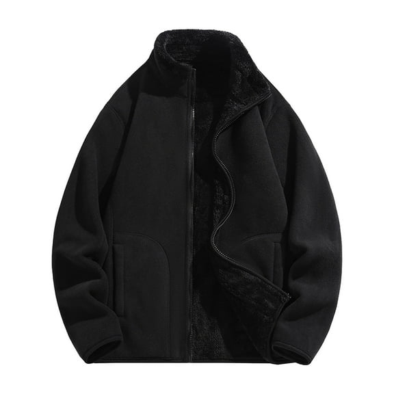LNWUY Big and Tall Men's Solid Color Stand Collar Fleece Jacket (M-5XL) Stylish Zipper Pocket Casual Hoodless Coat, Comfortable Long Sleeve Top Black M