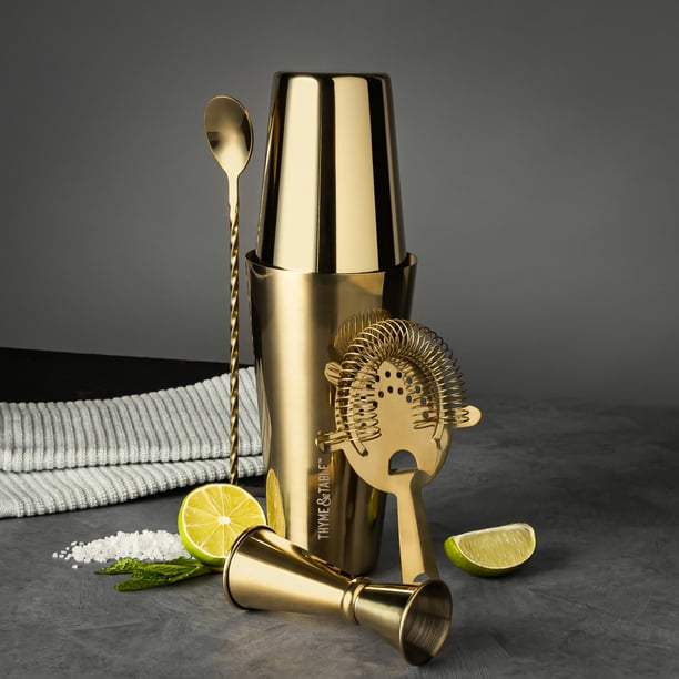 Thyme & Table Stainless Steel Gold Bar Tools Set of 4 with Shaker
