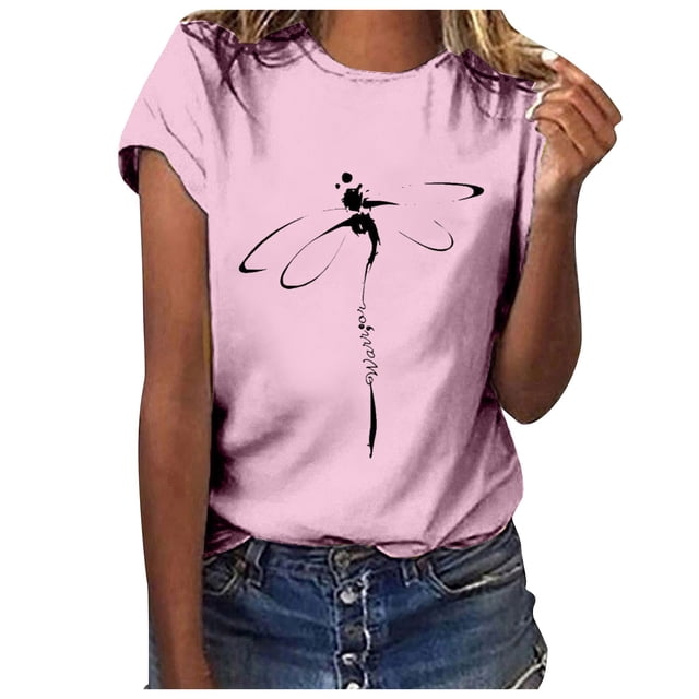 Fgnfyis Hauts pour Femmes T-Shirt Court Chemise Décontractée Tunique à Manches Imprimé Col Rond Lettres Hauts Blouse T-Shirts à Manches Courtes pour Femmes Rose Clair TTG
