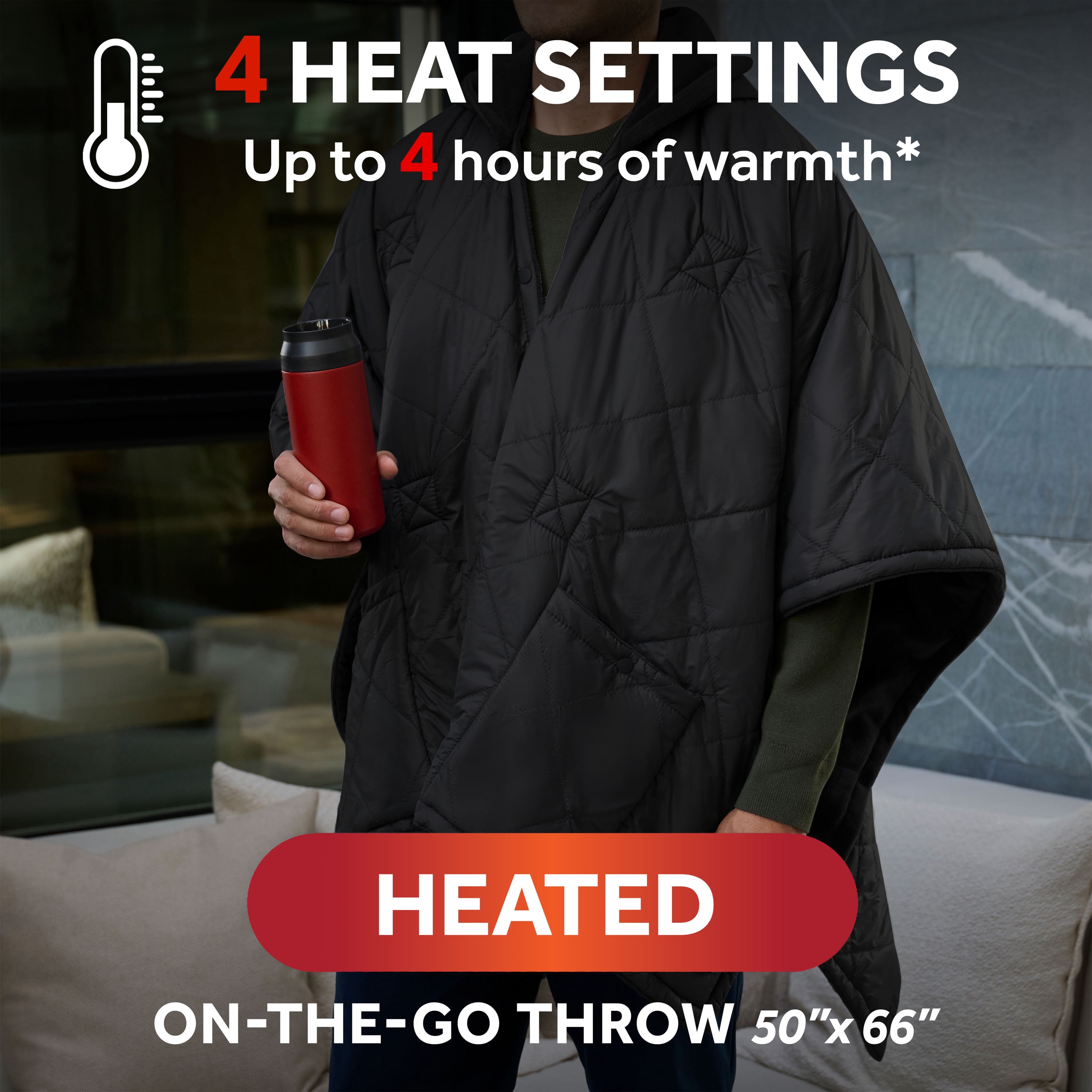 Sunbeam Cordless Rechargeable Heated Electric Wearable Throw Blanket with Hood, Black, 4 Heat Settings, 50 x 66 in