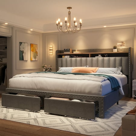 EnHomee Queen Bed Frame with Headboard & Storage Upholistered Queen Size Bed with 2 Large Drawers Noise Free Metal Bed Frame with Wood Slats Support Bedroom Furniture for Adults, Gray
