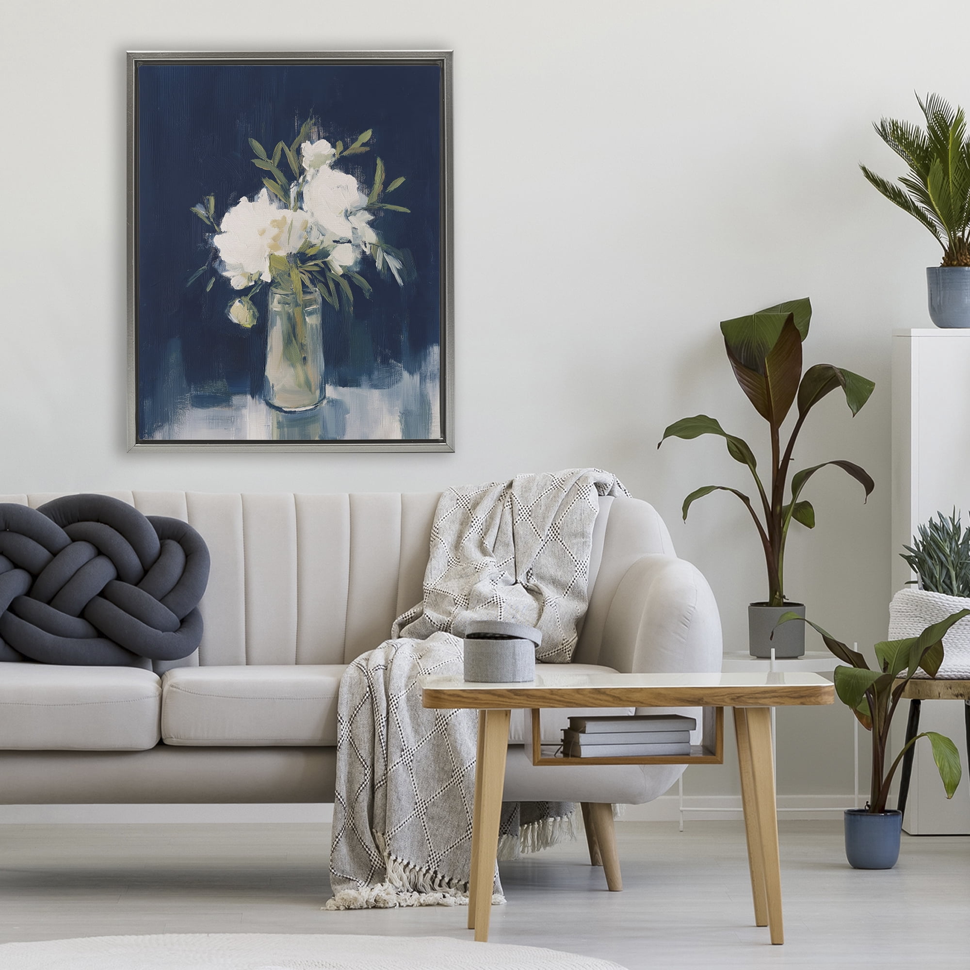 Stupell Industries Peonies On Blue Mirage Gray Framed Floater Canvas Wall Art, design by Svetlana Aleynikova
