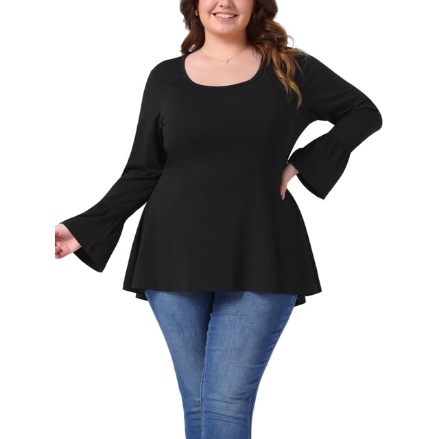 Blusa de túnica de mujer plus size Agnes Orinda con dobladillo alto-bajo, mangas largas de campana, cuello redondo, top casual acampanado 1X negro