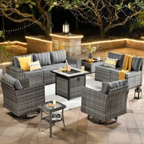Vcatnet 10 Pieces Patio Furniture Outdoor Sectional Sofa Wicker Conversation Set with Rocking Chairs and Fire Pit Table for Garden,Poolside,Gray Stripes