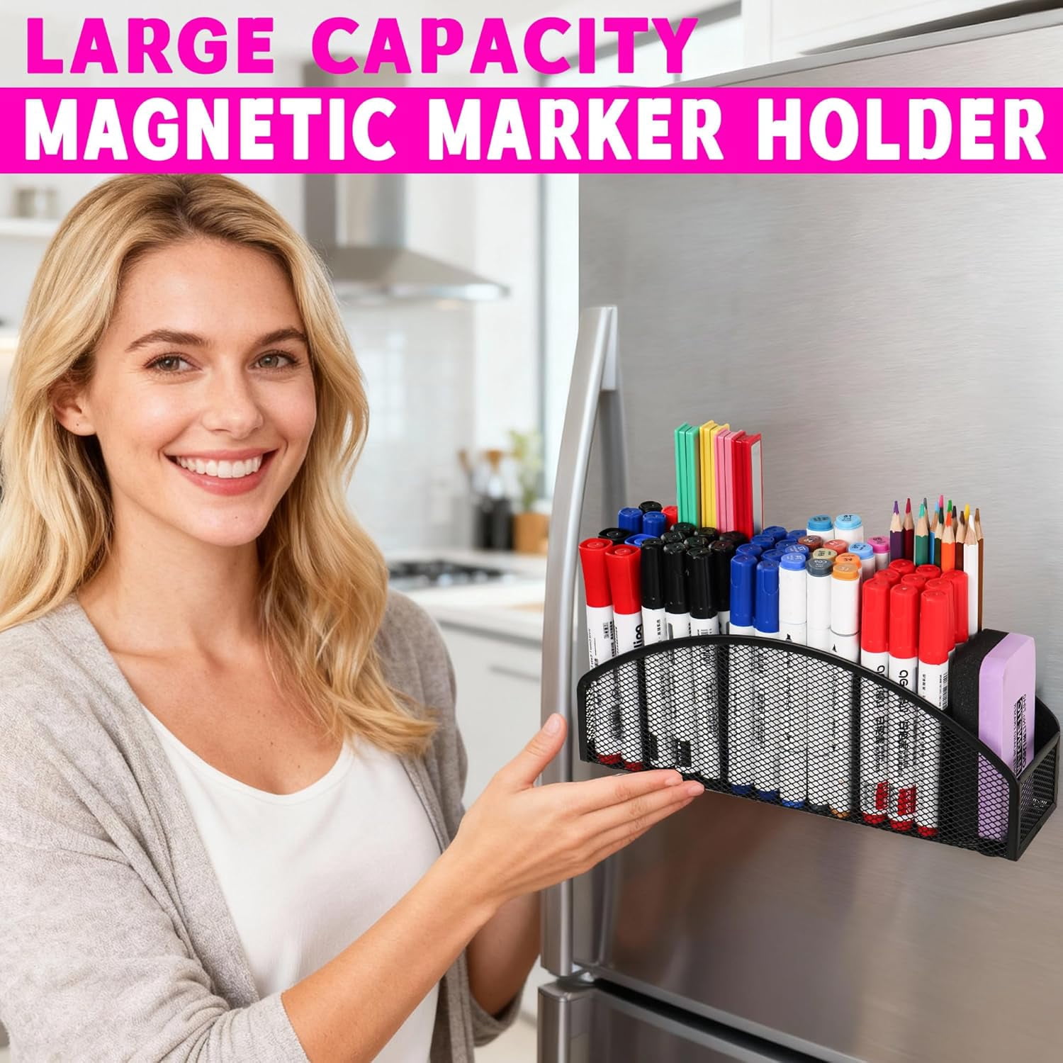 Large Magnetic Whiteboard Organizer 5-Slot Metal Mesh Dry Erase Marker Holder Heavy Duty Pencil Cup Caddy for Fridge Office Black