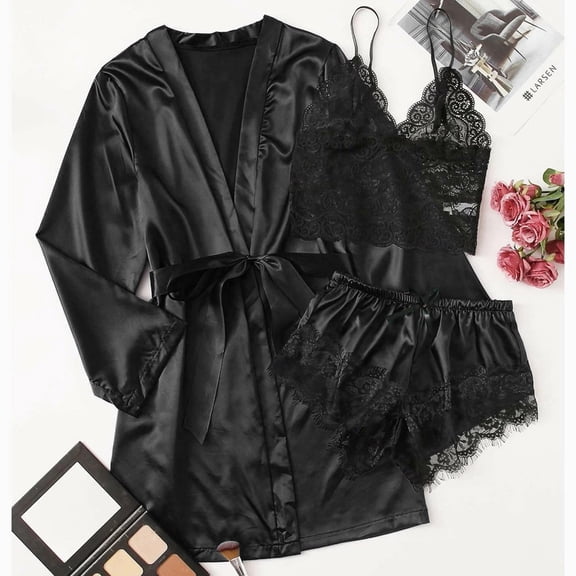 Sexy Lingerie For Women Satin Silk Pajamas Women Nightdress Lingerie Robes Underwear Sleepwear Sexy,Black Women's Intimates L