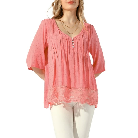 INSPIRAR CHIC Blusa de Peplum para Mujer con Manga Corta y Cuello en V, Camisas con Pliegues de Flores, Blusas Casuales, Tops de Encaje M Rojo Sandía