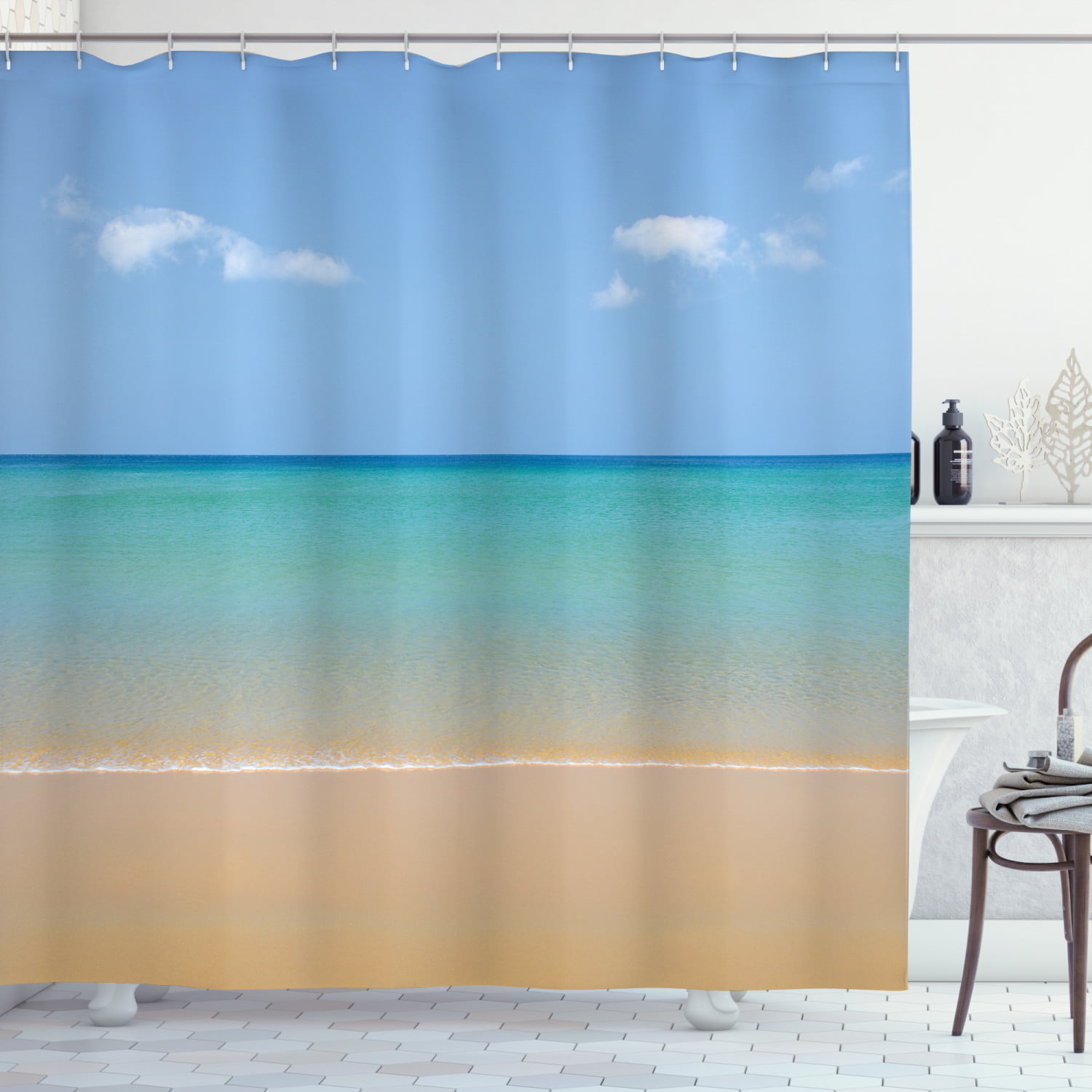 Beach Scene Shower Curtain Ocean Vinyl Photo Real Bathroom Sea Sky Decor 72 Inch 