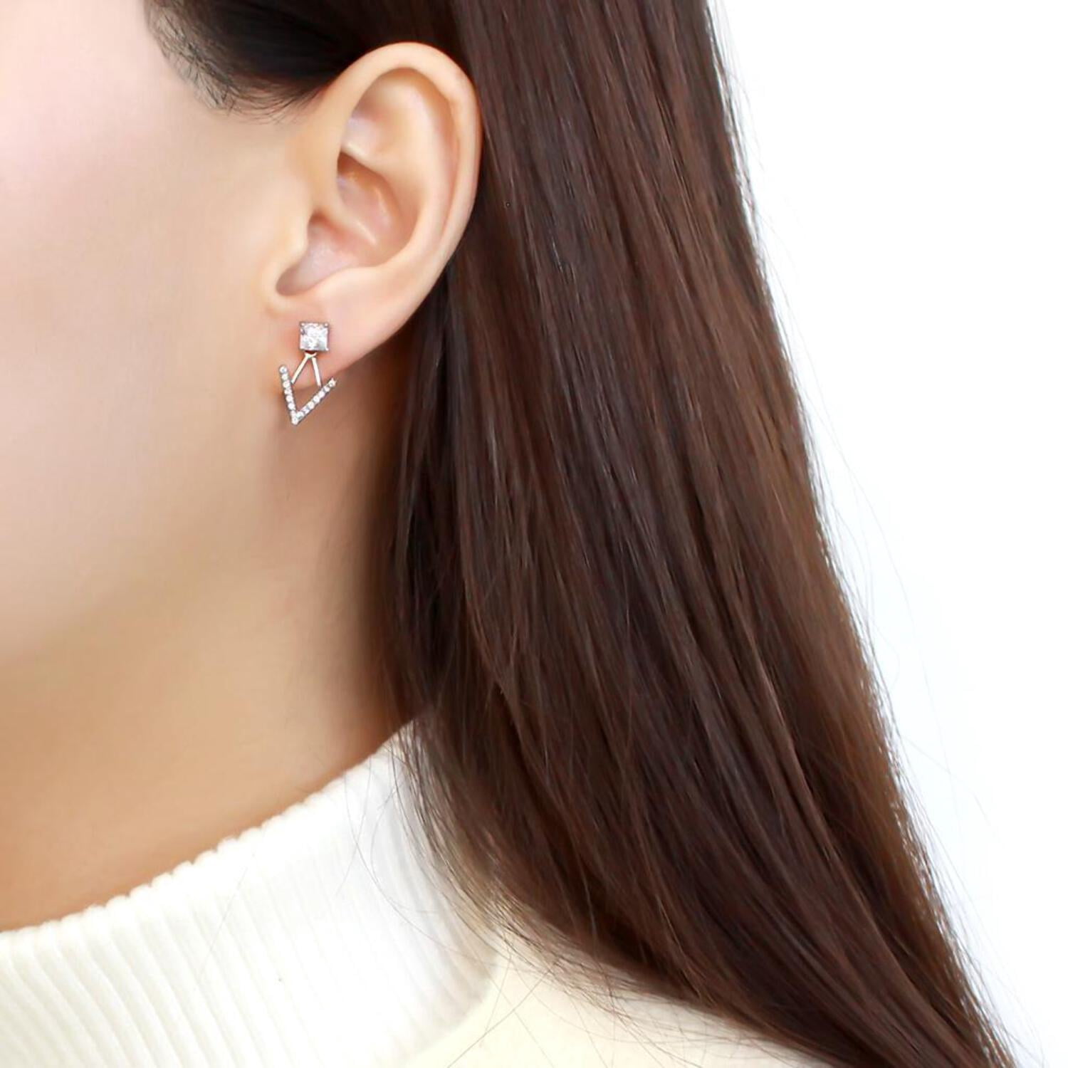DA292 - High polished (no plating) Stainless Steel Earrings with AAA Grade CZ in Clear