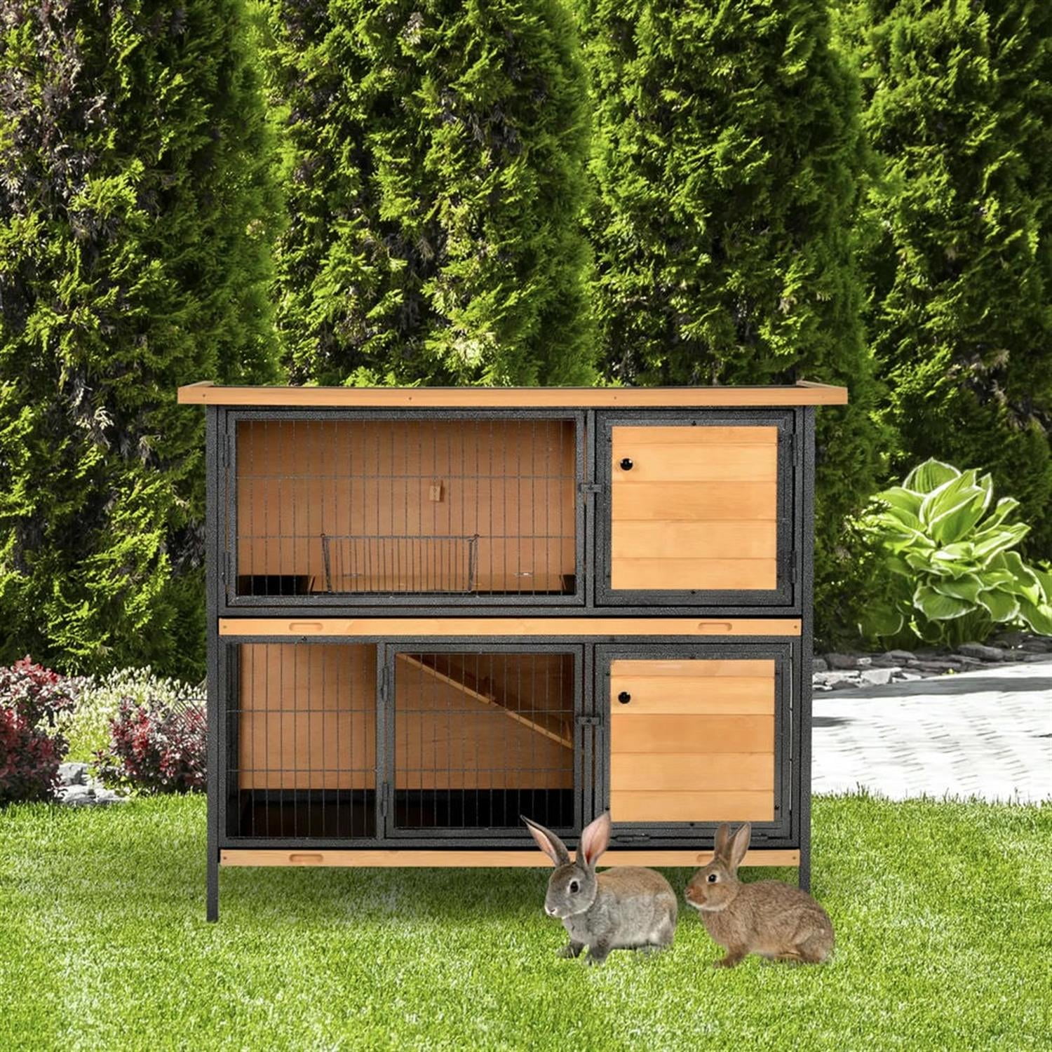 Kadyn 48" 2-Story Wooden Rabbit Hutch with Slide-out Tray, Outdoor Small Animal Habitat Enclosure Bunny Cage for Bunnies, Guinea Pigs, Beige