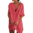 thumbnail image 1 of Women's Summer Mid-Length Loose Solid Chiffon Shirt - Short Sleeve, Deep Round Neck, Button Design, Pair with Jeans/Skirts, Size S-XXL, 1 of 6