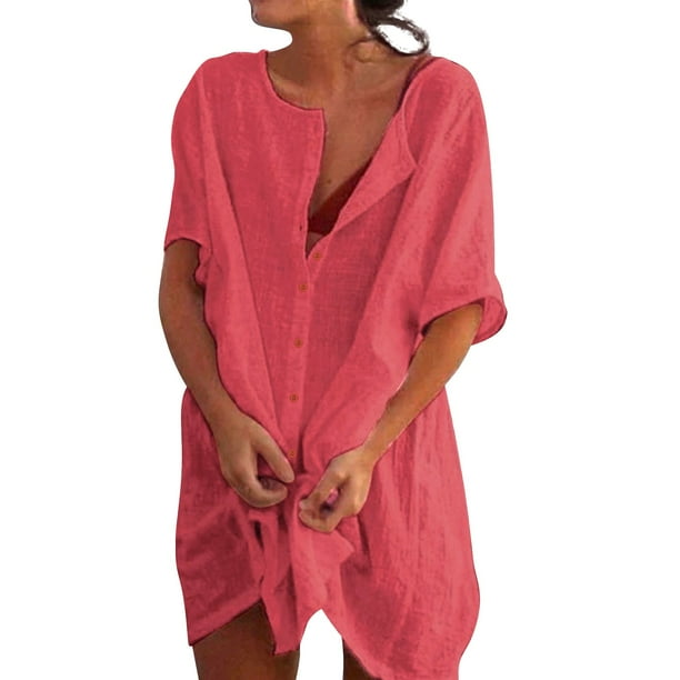 Camisa de gasa lisa holgada de manga corta y cuello redondo profundo para mujer, ideal para combinar con vaqueros o faldas, tallas S-XXL