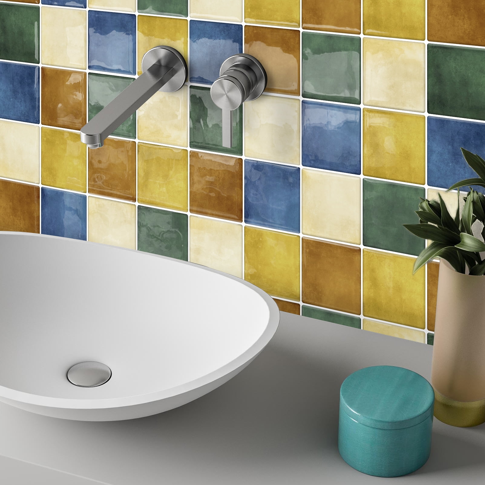 DEWOO Thick Square Kitchen Peel and Stick Backsplash Mosaic Tiles Square Self Adhesive Wall Tile Checkerboard Checkered Stickers,Multicolor (10-Sheet,12"x12")