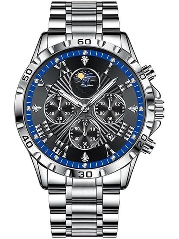 Men's Quartz Watches with Subdials Analog Wrist Watch with Date-Display Luminous Chronograph Dress Watch for Men, Multi-Color Dial, Stainless Steel Band