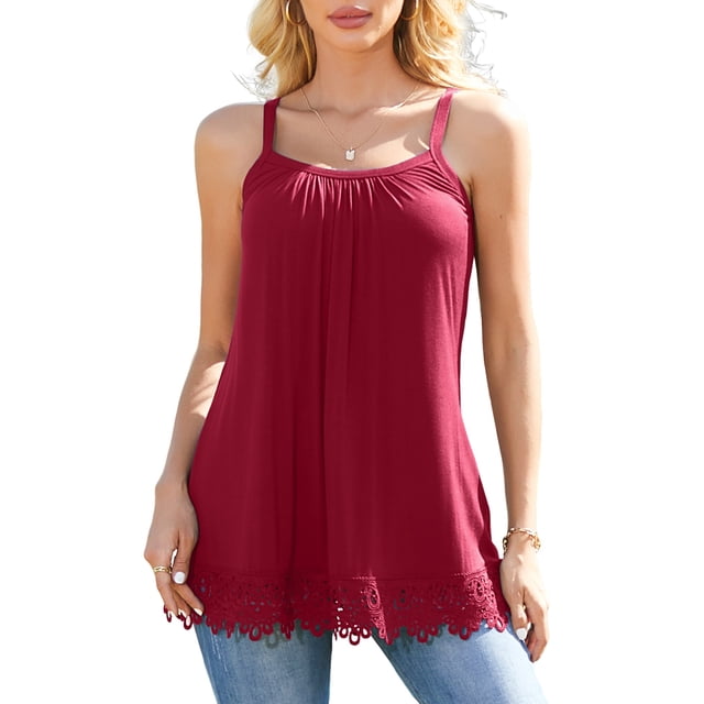 Charmo Débardeur en Dentelle Col Rond Fluide Bretelles Réglables Camisole Plissée avec Soutien-Gorge Intégré pour Femmes S-3TG