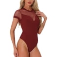 thumbnail image 1 of INSPIRE CHIC Body de Manga Corta para Mujeres con Panel de Malla Cuello en V Top de Punto Casual Rojo XS, 1 of 1