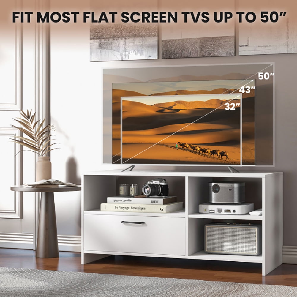 Finihen TV Stand, TV Cabinet, Modern Media Console Table with 3 Open Compartments and 1 Storage Drawer, for Living Room, Bedroom, White