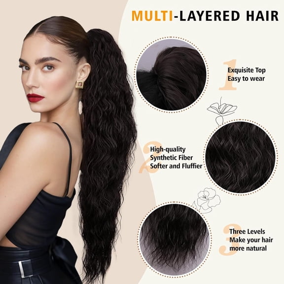 WEIF-Dark Brown Ponytail Extension, 30 Inch Layered Ponytail Extensions for Women, Soft Curly Clip on Ponytails for Women, Natural Synthetic Pony Tails Hair Extensions (Color: Dark Brown)