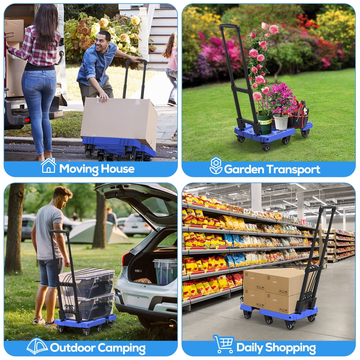 TNTANTS Folding Hand Truck, 500 LB Heavy Duty Portable Dolly Cart, 6 Wheels Collapsible Luggage Trolley with 3 Elastic Ropes, Hand Cart for Travel, Moving, Shopping, Blue