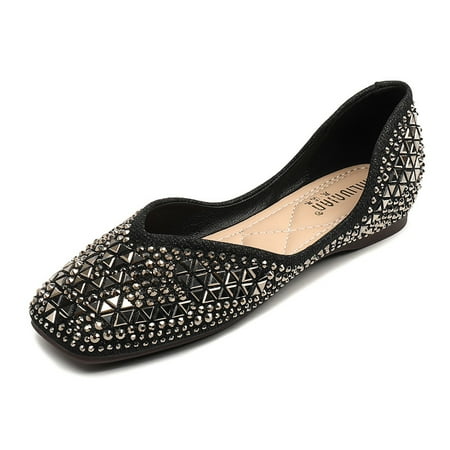 

Women‘s Faux Rhinestone Square Toe Low Top Flats Glitter Fashionable Slip On Shoes Women‘s Walking Shoes