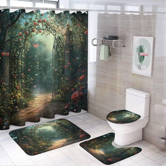 Watercolor Mid Century Arch Florals 4 Pcs Shower Curtain set,Modern Spring Garden Rose Print Butterfly Bathroom Set Shower Mat Shower Curtain with Rug 12 Hooks