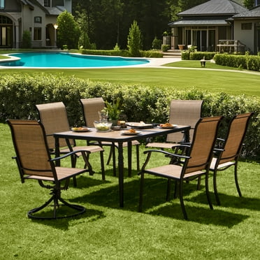 Nuu Garden 7-Piece All-Weather Outdoor Dining Set with Umbrella Hole, Metal Large Table with Wood-Grain Tabletop & 6 Patio Textilene Chairs  with Swivel Design,  Black and Brown