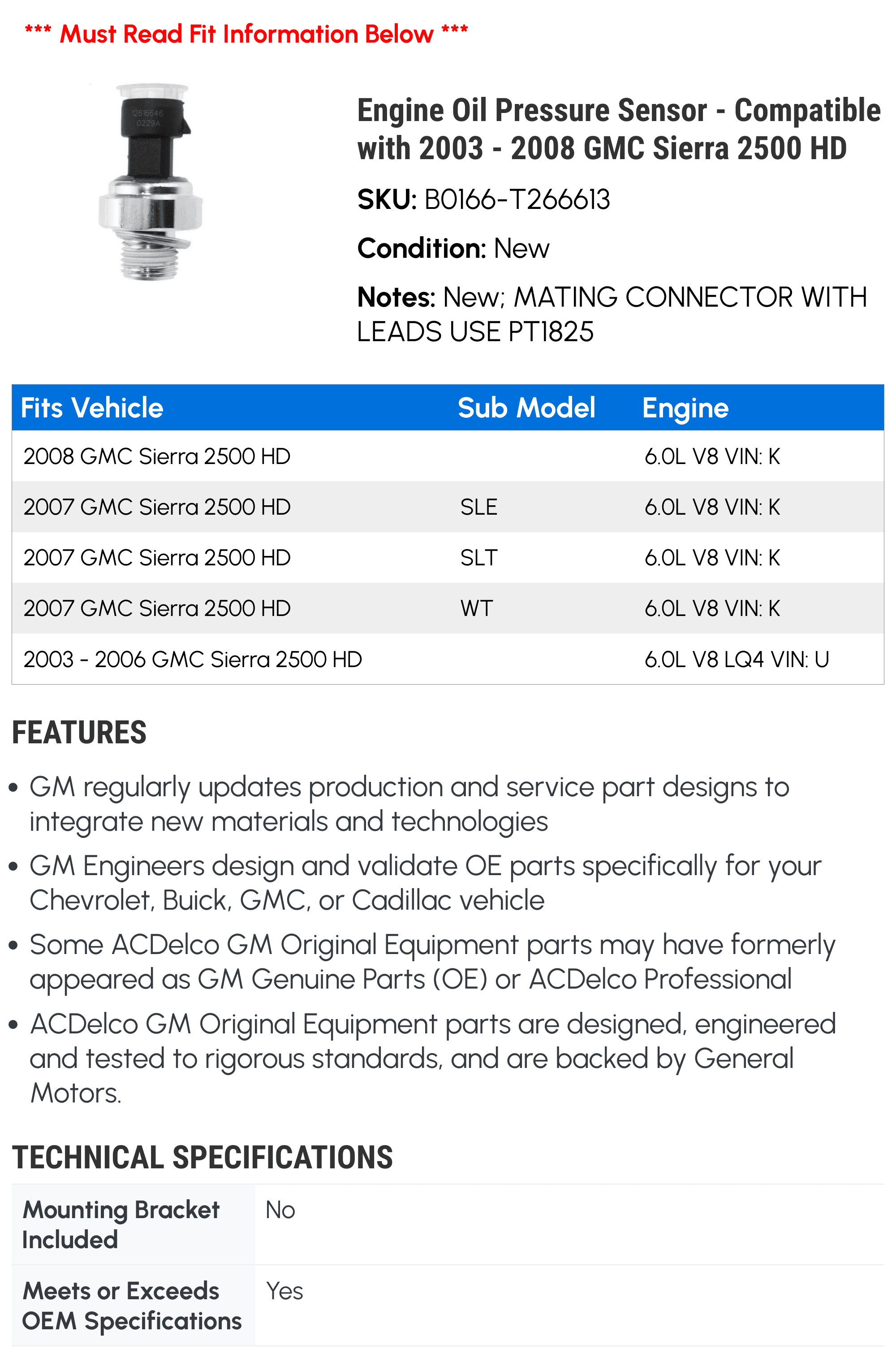 Engine Oil Pressure Sensor - Compatible with 2003 - 2008 GMC Sierra 2500 HD - AC Delco
