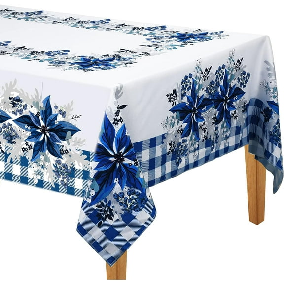 Blue and White Christmas Tablecloth 60 x 102 Inch Poinsettia Decorations Winter Reusable Xmas Plaid Bordered Fabric Table Cloth for Party