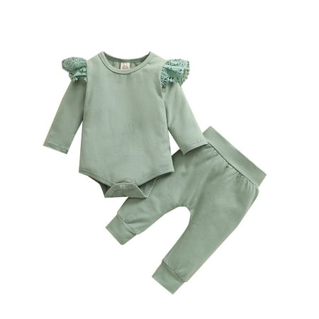 

Canrulo Newborn Baby Girls Boys Clothes Sets 2Pcs Solid Lace Ruffles Long Sleeve Romper Tops Pants Green 6-12 Months