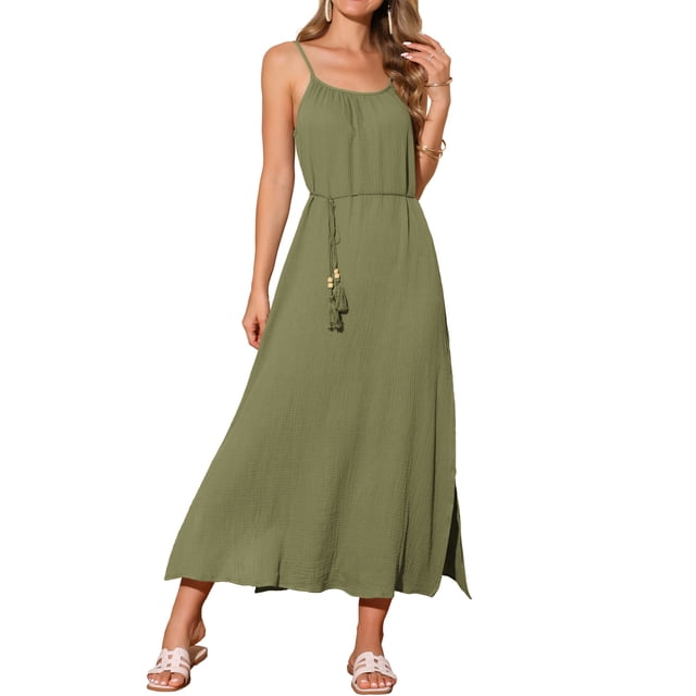 INSPIRAR CHIC Vestidos de Verano para Mujeres Vestido Maxi de Lino Suelto con Cintura Ajustable Tirantes Espagueti Casual Vestido de Playa XL Verde