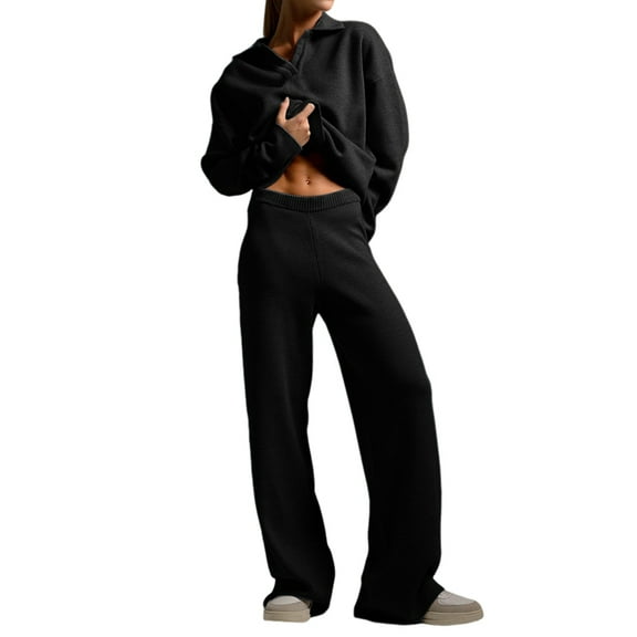 Women Fall 2 Piece Outfits Sweatsuits V-Neck Long Sleeve Sweatshirt Wide Leg Pants Tracksuit Lounge Sets Black S