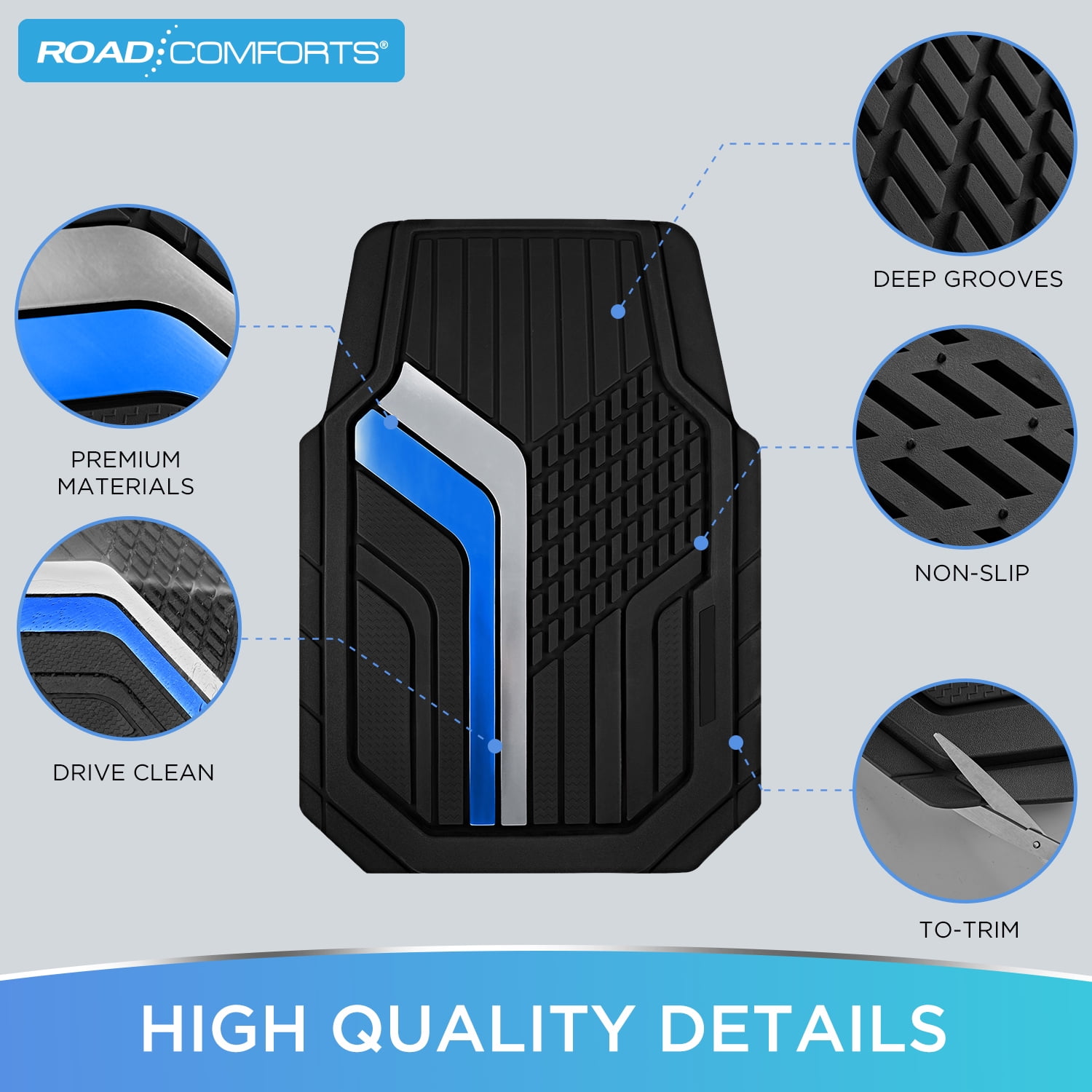 Road Comforts Car Floor Mats,Heavy-Duty Rubber Car Floor Mats,Sports Style Car Floor Mats,Non-Slip,Front,Universal Fit,Blue&Sliver