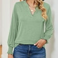 thumbnail image 2 of Jewelreauty V Neck Shirts for Women Long Sleeve Ruffle Cuff Loose Cozy Tops Ladies Casual Solid Color Dailywear Blouses (S, Green), 2 of 4