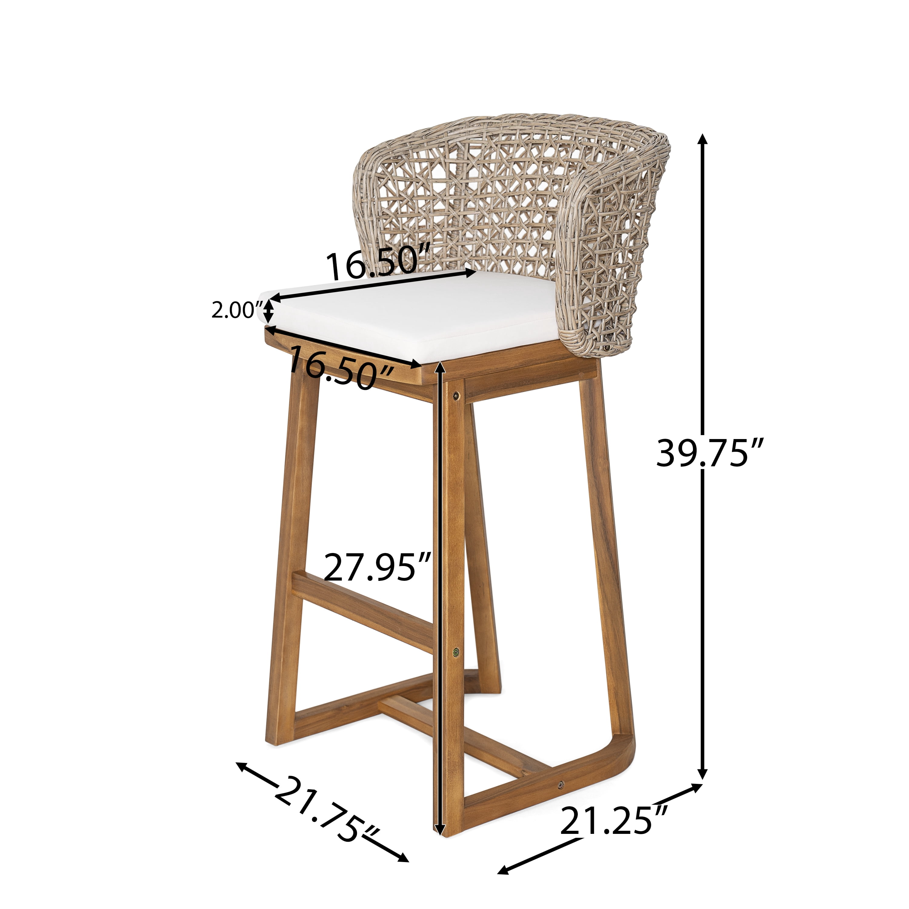 Bar Stools Set of 2, Outdoor Acacia Wood Teak Finish Bar Height Chairs with Beige Cushion, Teak