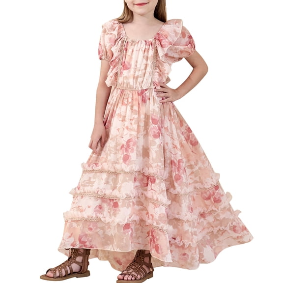 YunPes Girls Floral Maxi Dress Puffy Sleeve Square Neck Tiered Ruffle Long Sundress Beach Party Fashion Elegant Retro Boho Dress