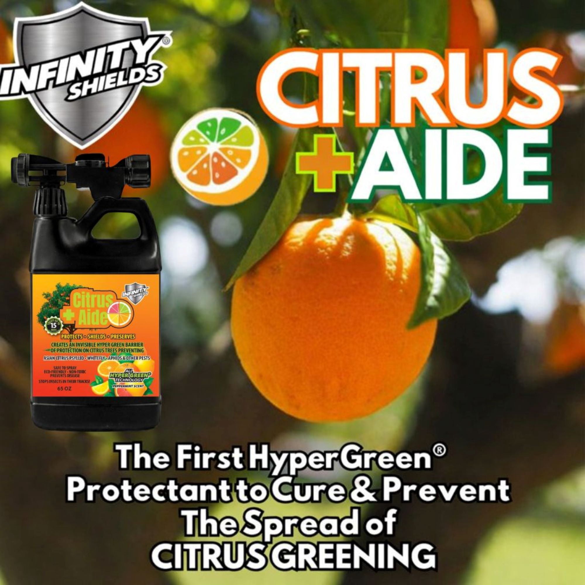 Infinity Shields Citrus+Aide, Citrus Tree Anti-Greening Support Spray, Liquid Fertilizer, 65 oz, Hose-End Rinse Concentrate, Peppermint Scent