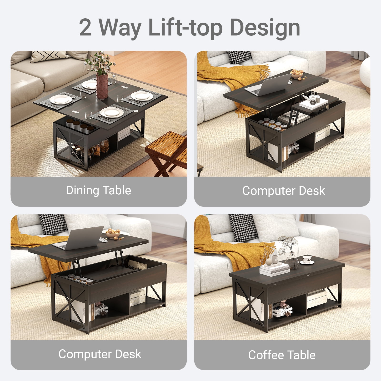 Manora Wood Lift Top Coffee Table with Storage, Rectangle Coffee Table with Hidden Compartments for Living Room