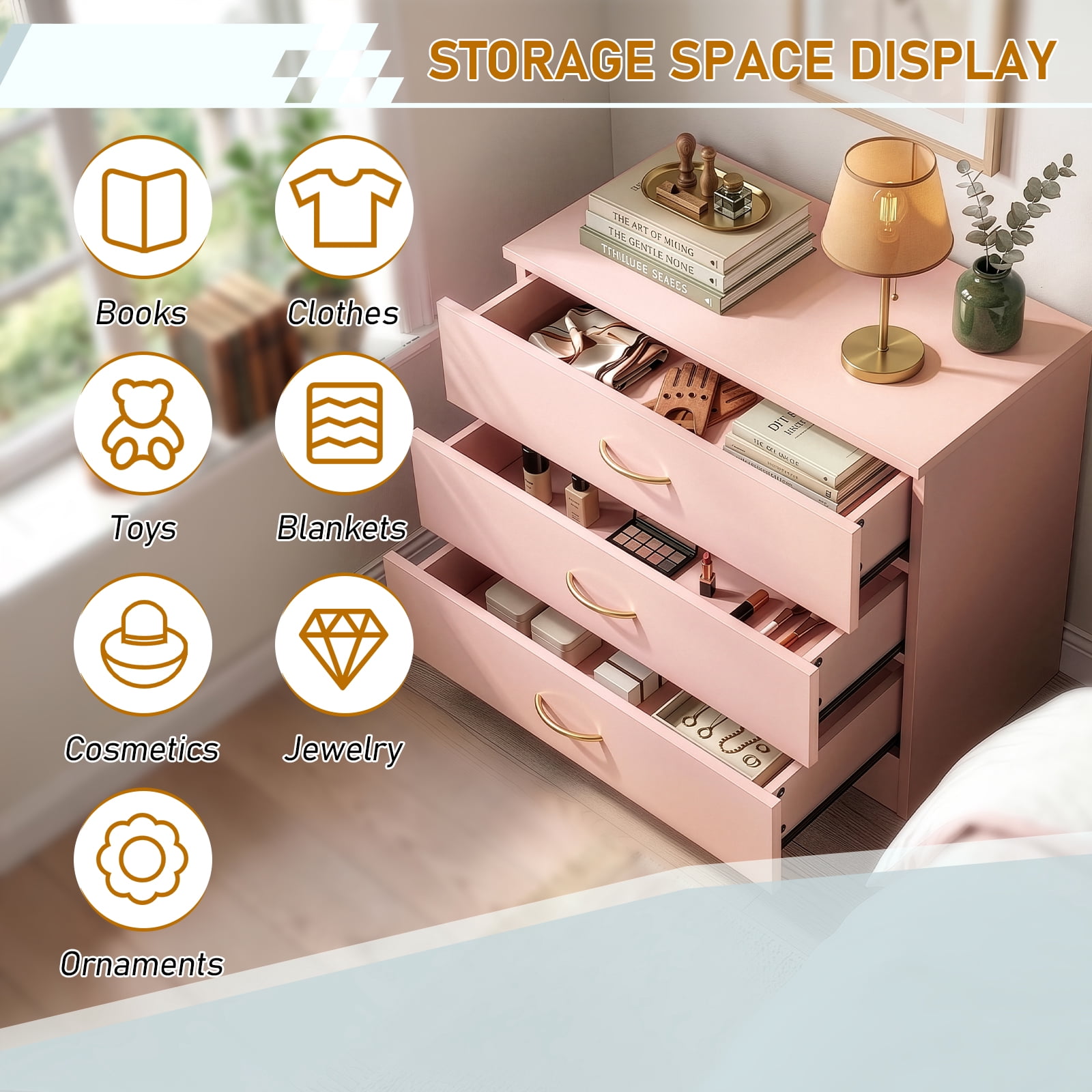 3-Drawer Chest with Faux Rose Gold Handles Drawer Dresser 25.98*12.99*22.05in Pink