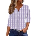 thumbnail image 2 of Ladies' Loose Fit Casual Checkered V Neck 3/4 Sleeve Quarter Sleeve Shirt Blouse Top, Relaxed Fit Tunic, Breathable Cotton, Spring Summer Fashion | CSEONE,Purple XL, 2 of 7