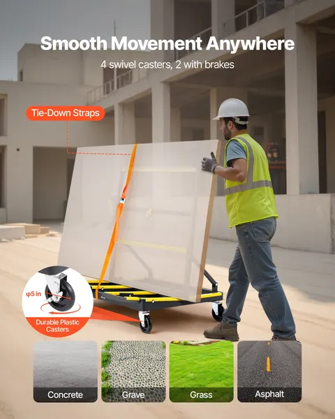 Drywall Cart Dolly 1800 lbs Capacity Steel Panel Dolly with 4 Swivel Casters Expandable Deck Foldable Truck Cart Tie Down Strap for Plywood Plasterboard Glass