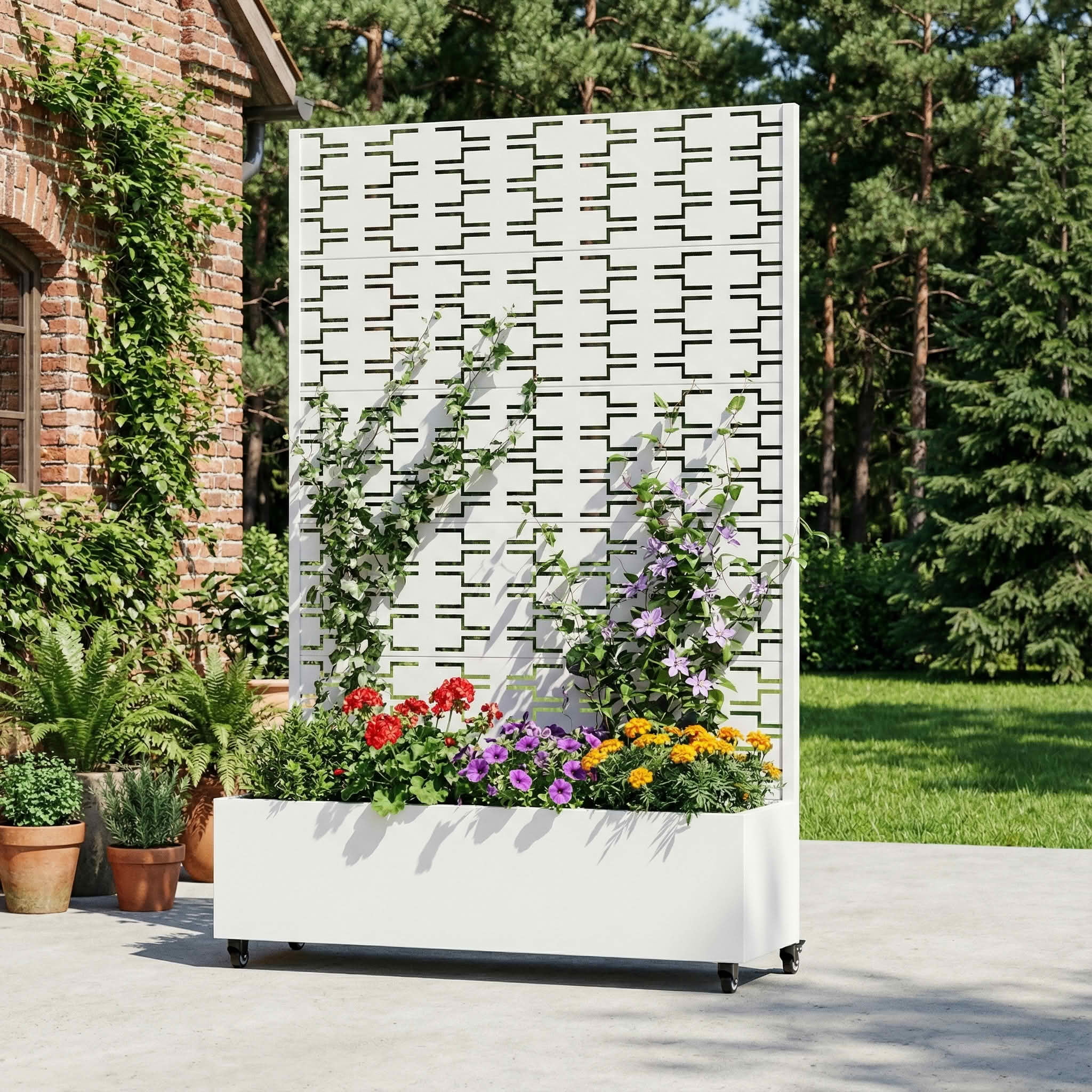 MAYEERTY 72X47" Metal Outdoor White Privacy Screen with Planter Box for Backyard & Garden, 5 Piece Set