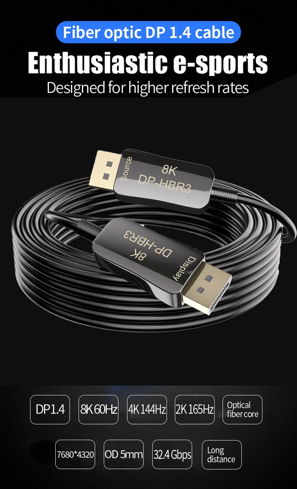 8K DisplayPort DP1.4 Optical Fiber Cable 16FT, Slim and Flexible DP to DP Cable 8K@60Hz 4K@144Hz High Speed 32.4Gbps Support HBR3, DSC 1.2, HDR10, Compatible with Graphics Card, Projector, Monitor