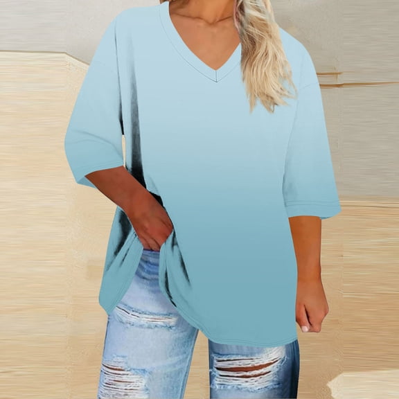 NTACZA Womens Tops Plus Size 3/4 Length Sleeve Ombre T-Shirt Comfy V-Neck Tees Fashion for Daliy Wear Blue