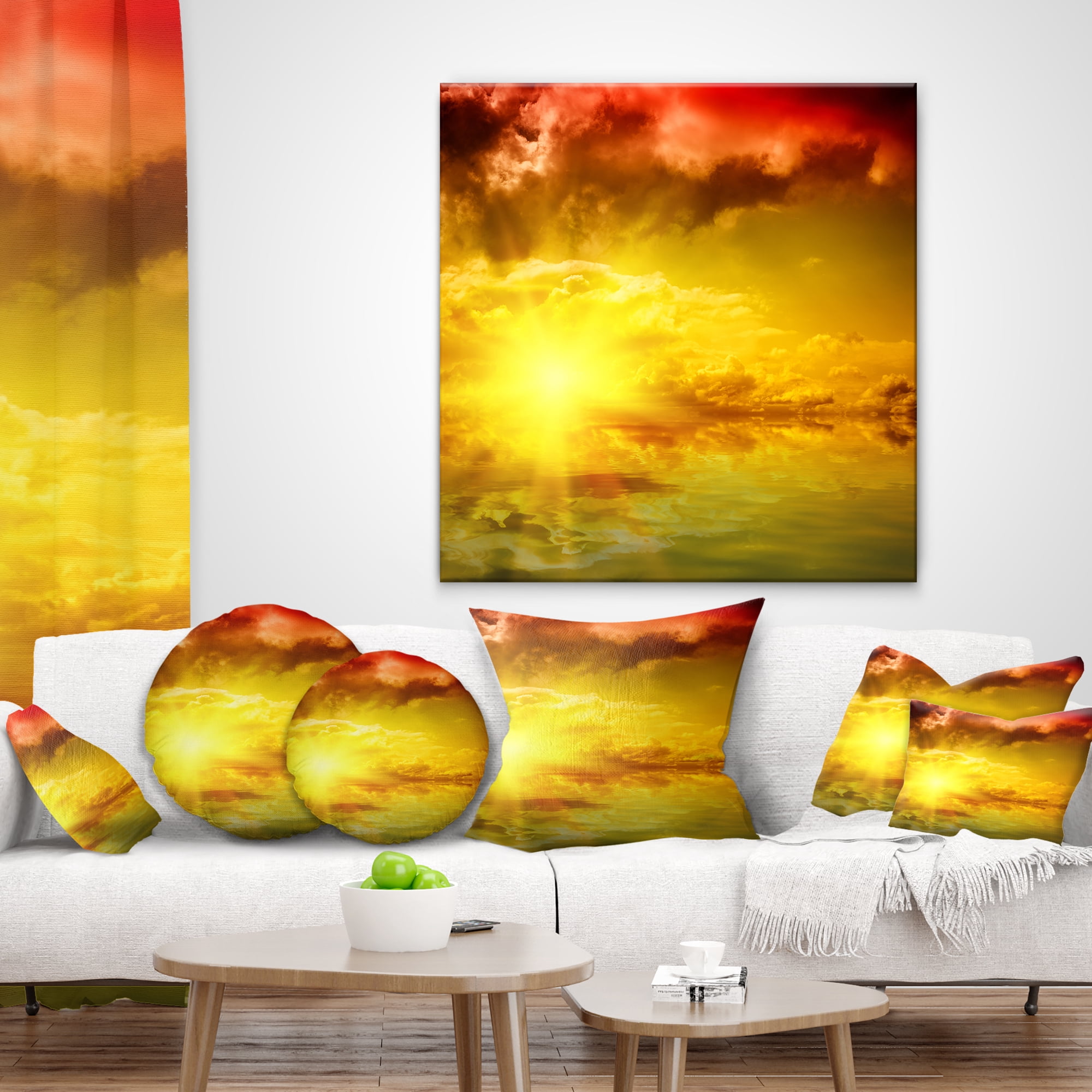 Designart Red Dramatic Sky with Yellow Sun - Landscape Printed Throw Pillow - 12x20