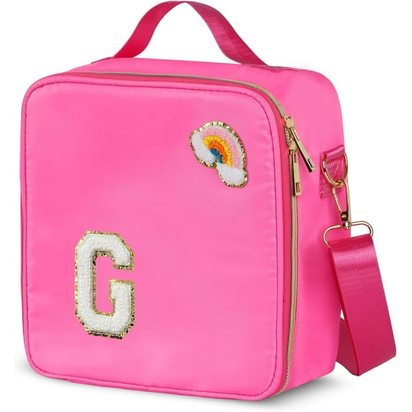 shiyou-Insulated Nylon Lunch Box for Girls, Kids, and Women-Stylish Pink Preppy Large Lunch Bag with Adjustable Strap and Chenille Letter 'G', Tote for School, Travel, and Picnics-Ideal Preppy Stuff