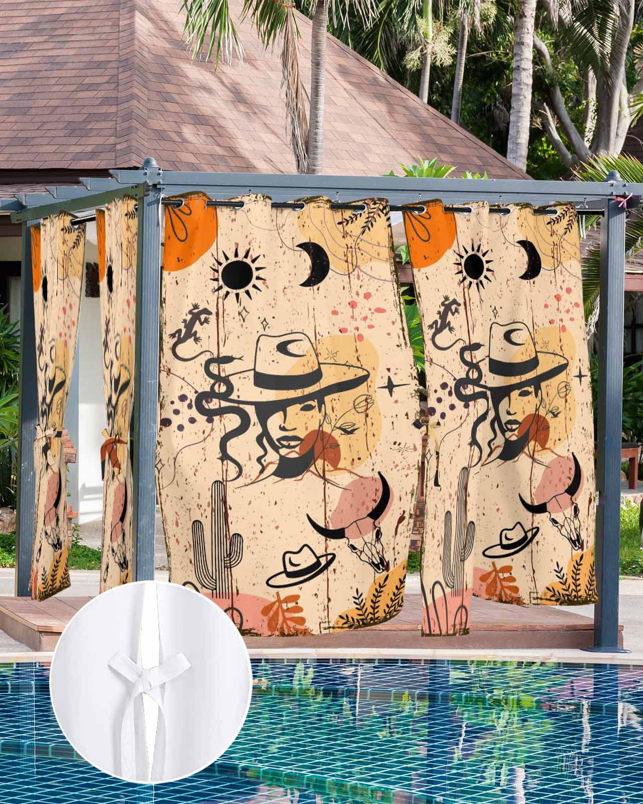 Western Boho Outdoor Curtains for Patio, Vintage Cowboys Abstract Cactus Plant Brown Privacy Drapes Grommet Waterproof Outside Curtains for Porch/Cabana/Balcony 54"x 84", 1 Panel