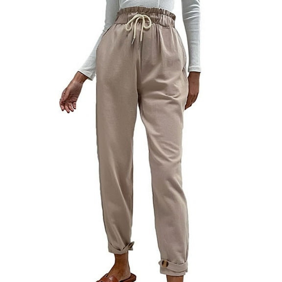 Womens Cotton Linen Pants Elastic Waist Drawstring Straight Leg Pants Casual Loose Work Lounge Trousers with Pockets