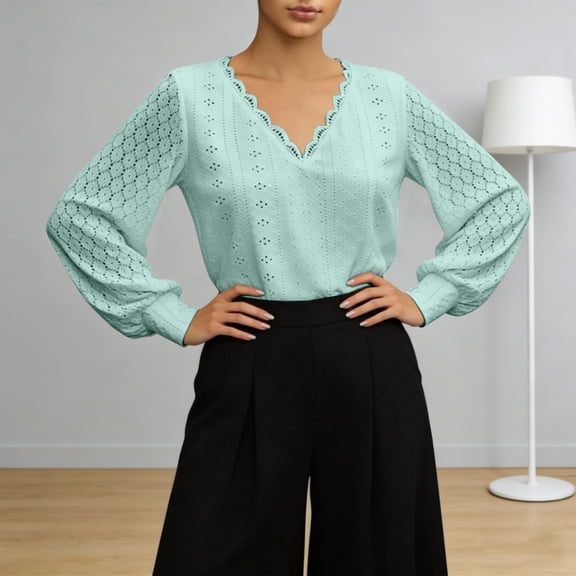 Womens Dressy Blouses V-Neck Solid Color Casual Tops Lantern Long Sleeve Work Shirts